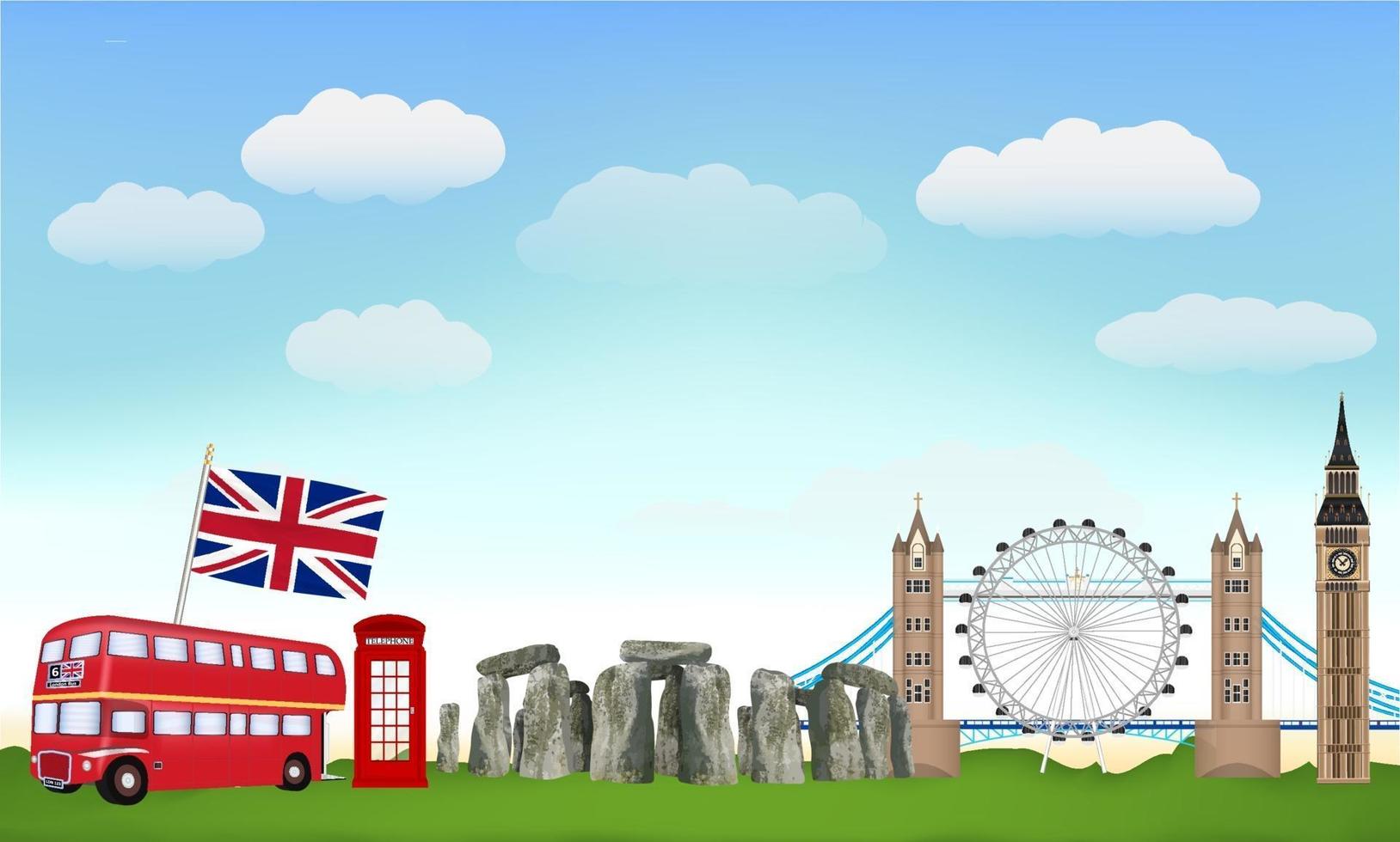 Inglaterra viaja con puntos de referencia e iconos. vector