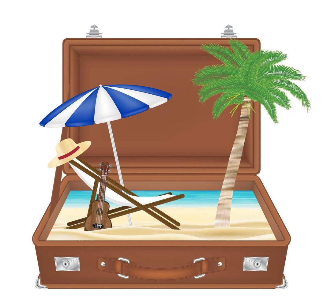 suitcase open with sea and beach scene inside vector