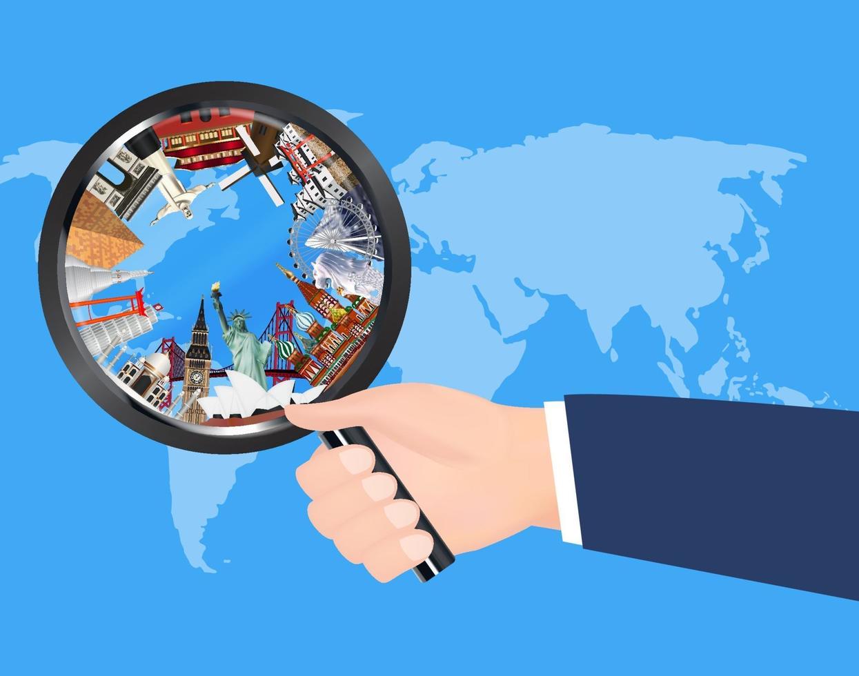 travel landmarks in magnifying glass on world map vector