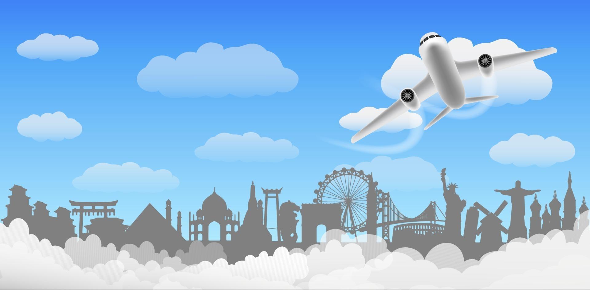 airplane flying around the world with world landmarks vector