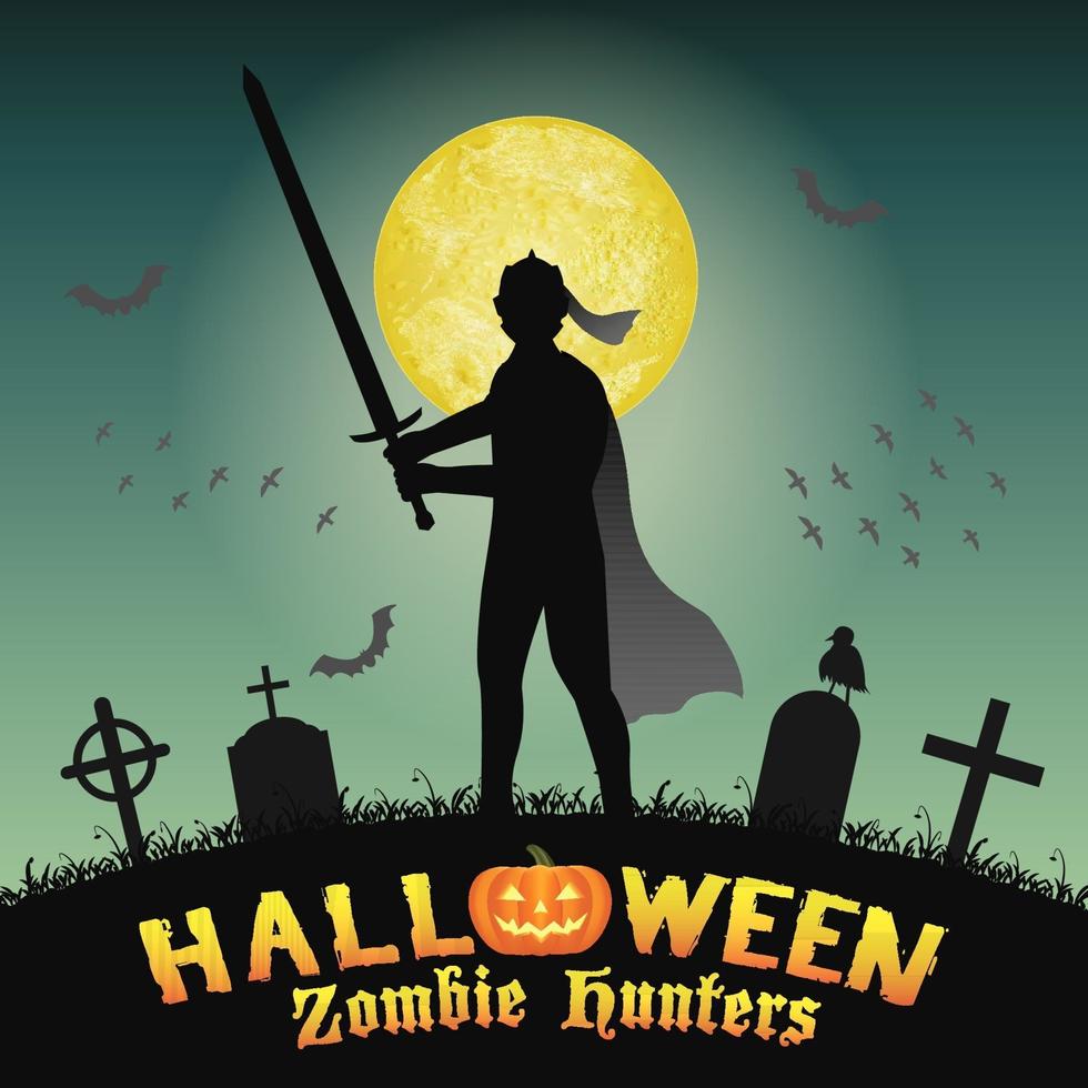 halloween knight with sword in night graveyard vector