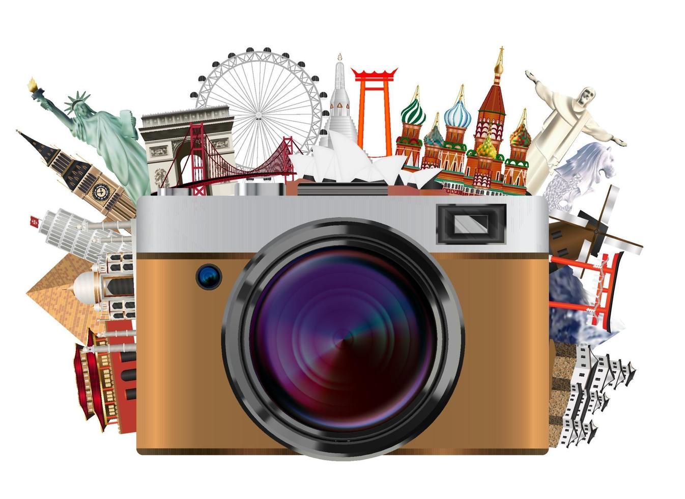 real compact travel camera with world landmarks vector