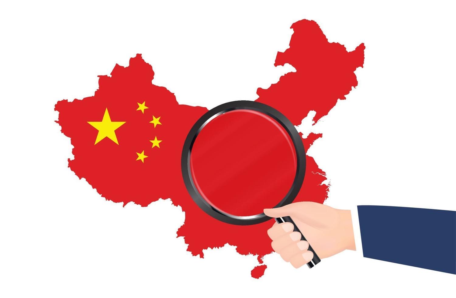china map flag with hand holding magnifying glass vector