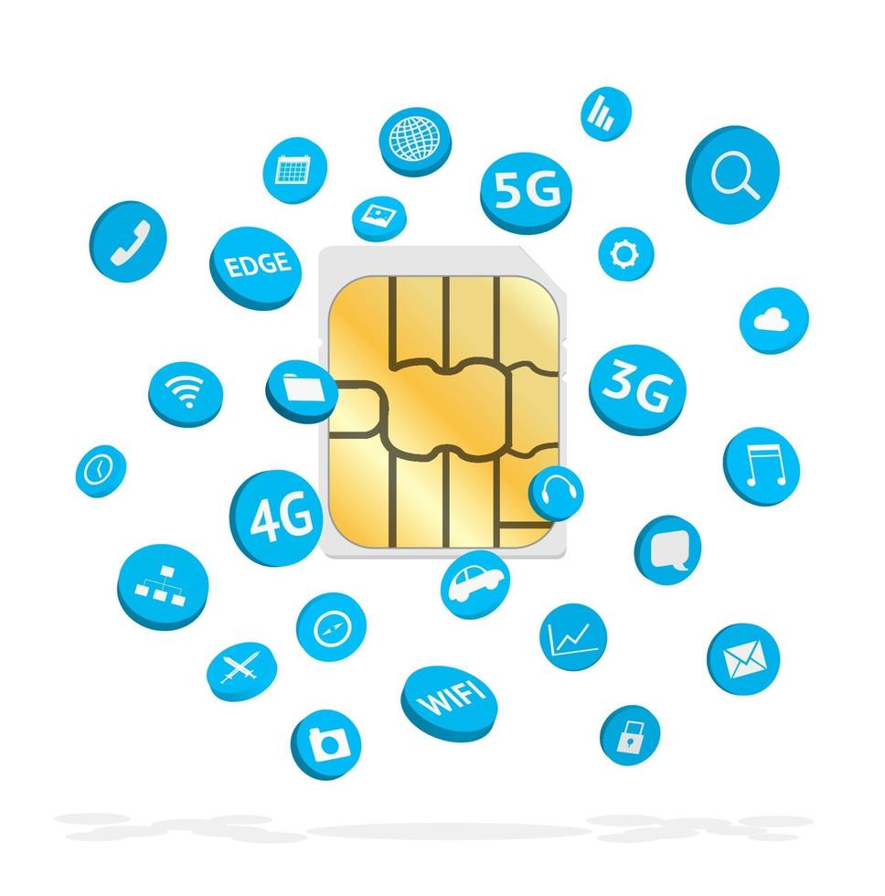 sim card with connection app icons floating vector