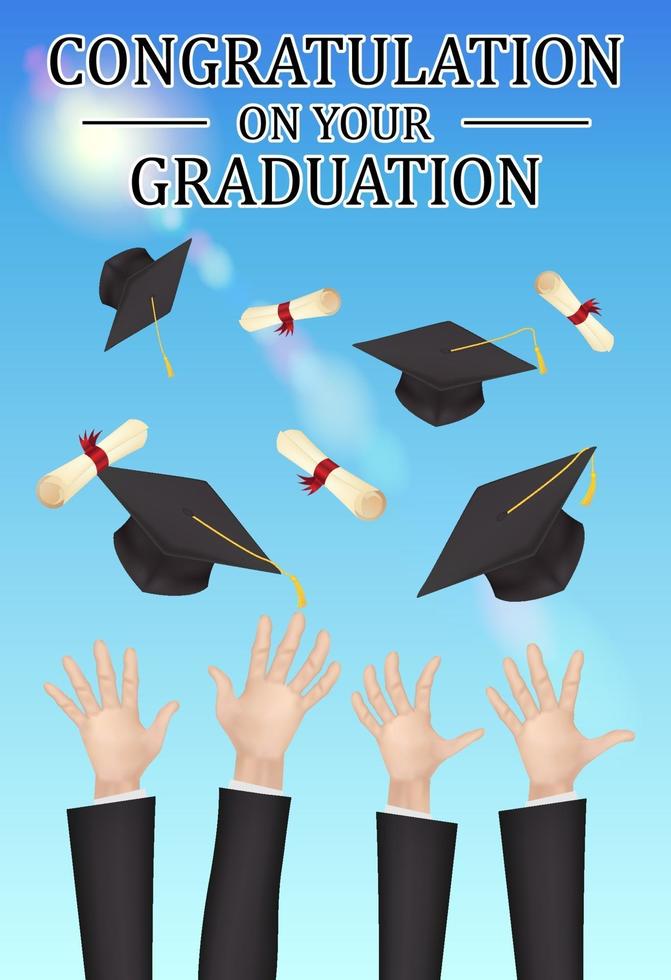 congratulations on graduation, hands throw hats and diplomas vector