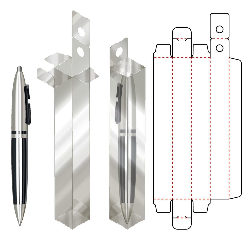 diseño de plantilla troquelada de embalaje de caja de bolígrafo. Maqueta 3d vector