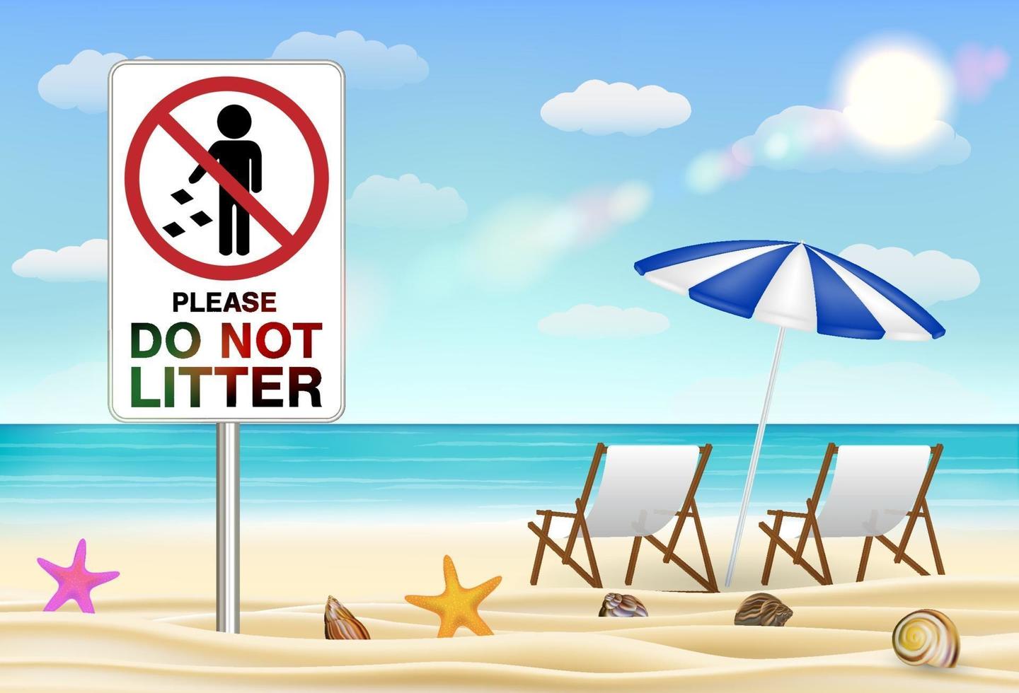 Por favor, no tire basura en la playa de arena de mar vector