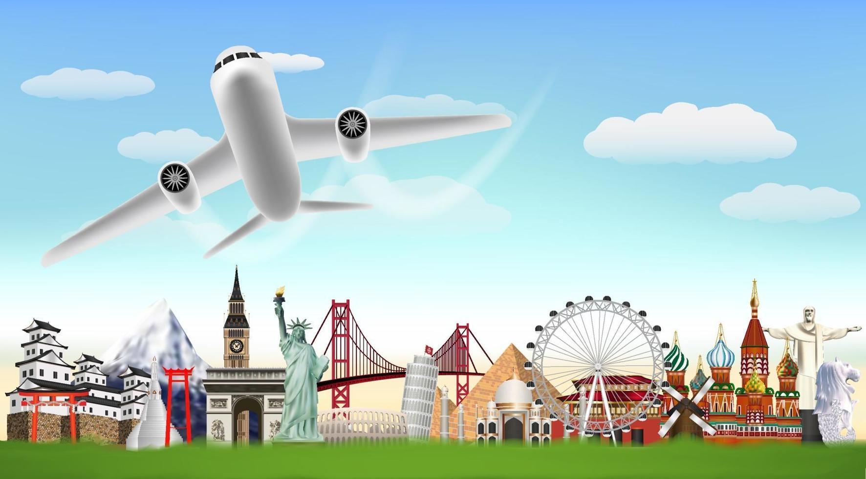 airplane flying on sky over world landmarks vector