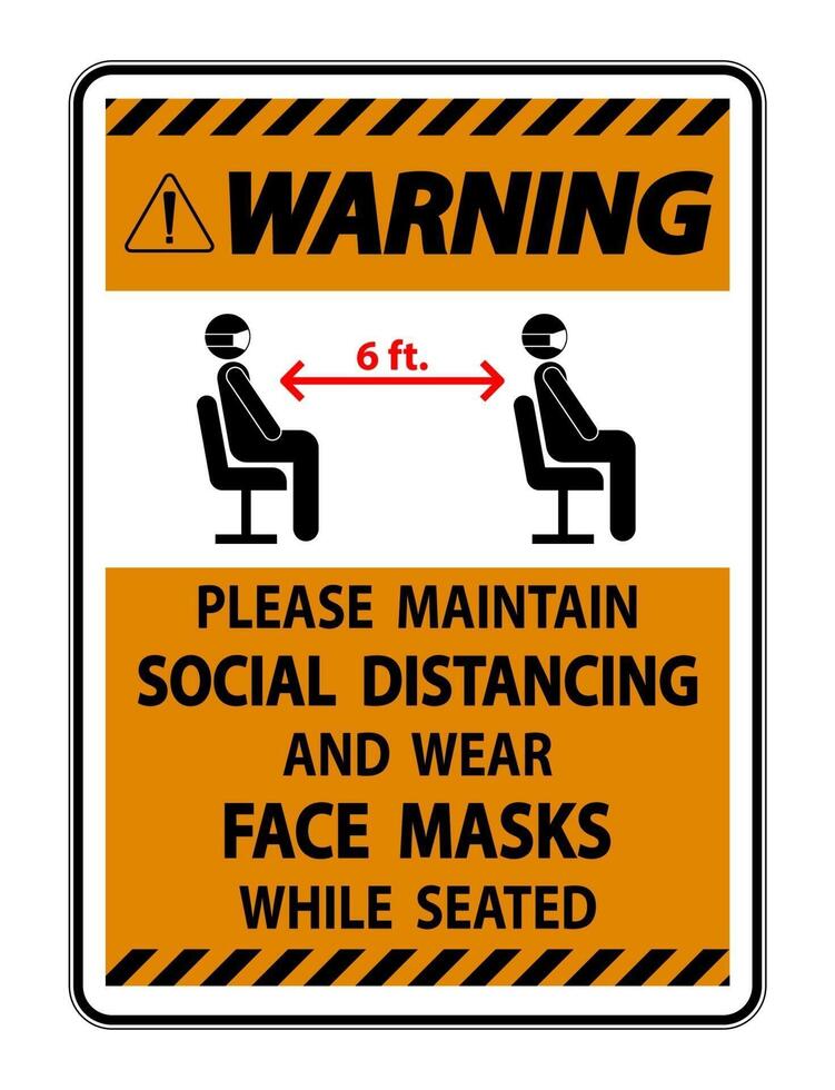 Warning Maintain Social Distancing Wear Face Masks Sign on white background vector