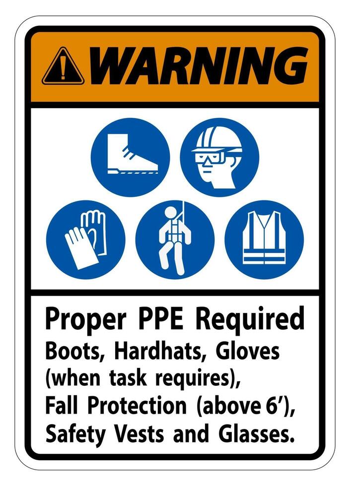 Warning Sign Proper PPE Required Boots Hardhats Gloves When Task Requires Fall Protection With PPE Symbols vector