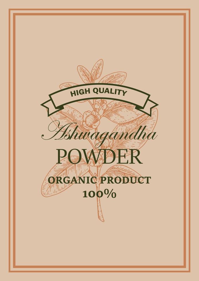 Hand drawn vertical Ashwagandha design with branches and berries isolated on white background. Vector illustration in sketch style.