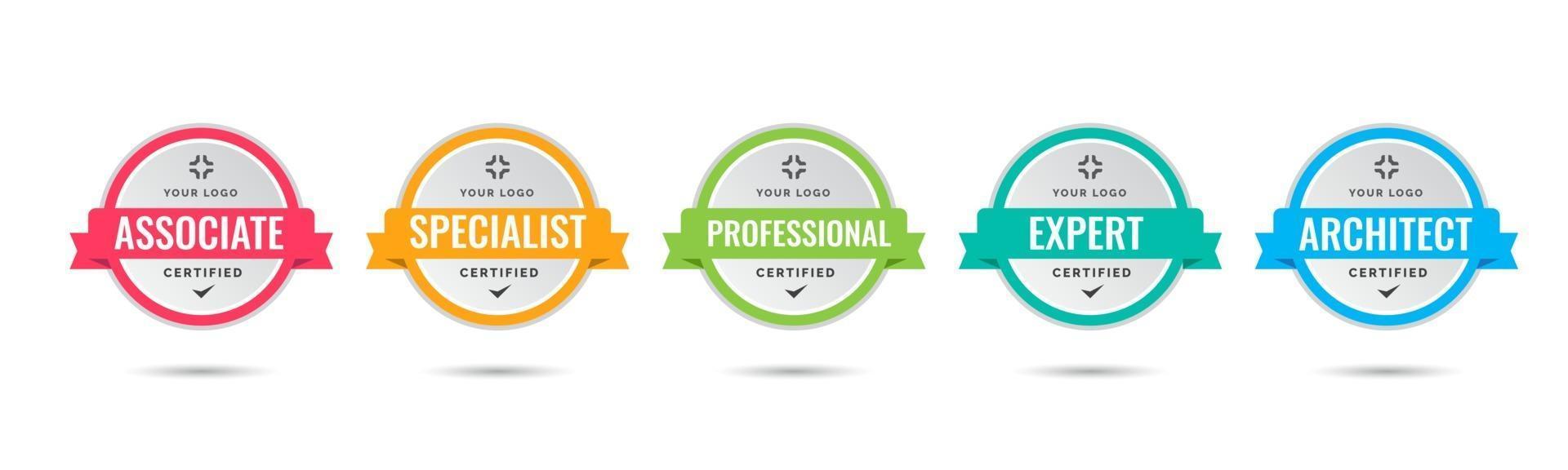 Certified badge logo design for company training badge certificates to determine based on criteria. Set bundle certify with colorful ribbon vector illustration.