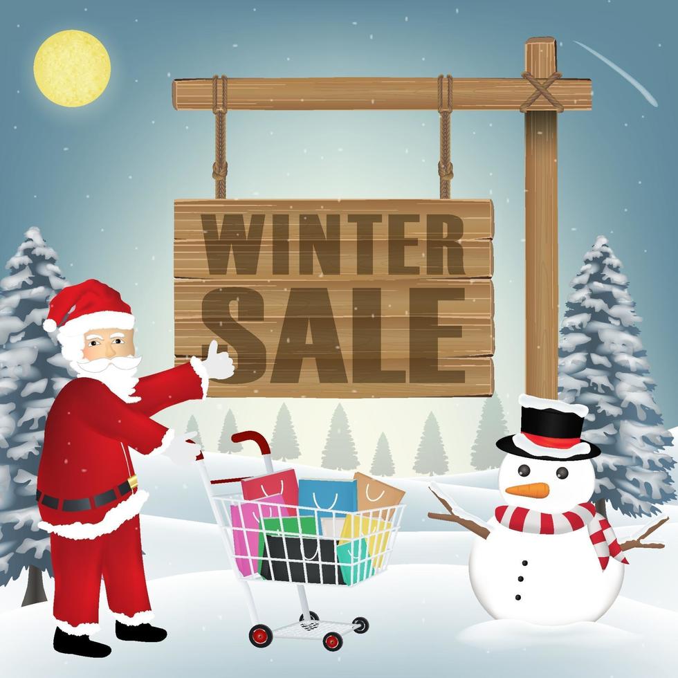 winter sale, santa claus, snowman and shopping cart vector