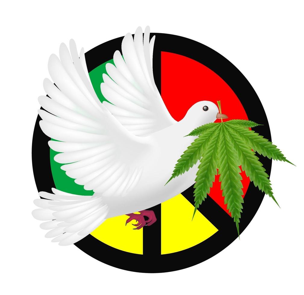 paloma blanca volando con marijuanas y logo de paz vector