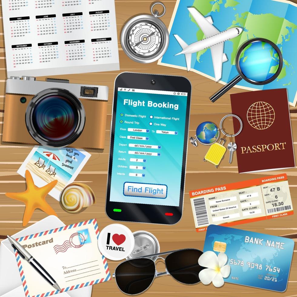 online flight booking app with many travel objects vector