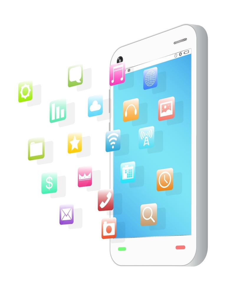 side view of white smartphone with floating application icons vector