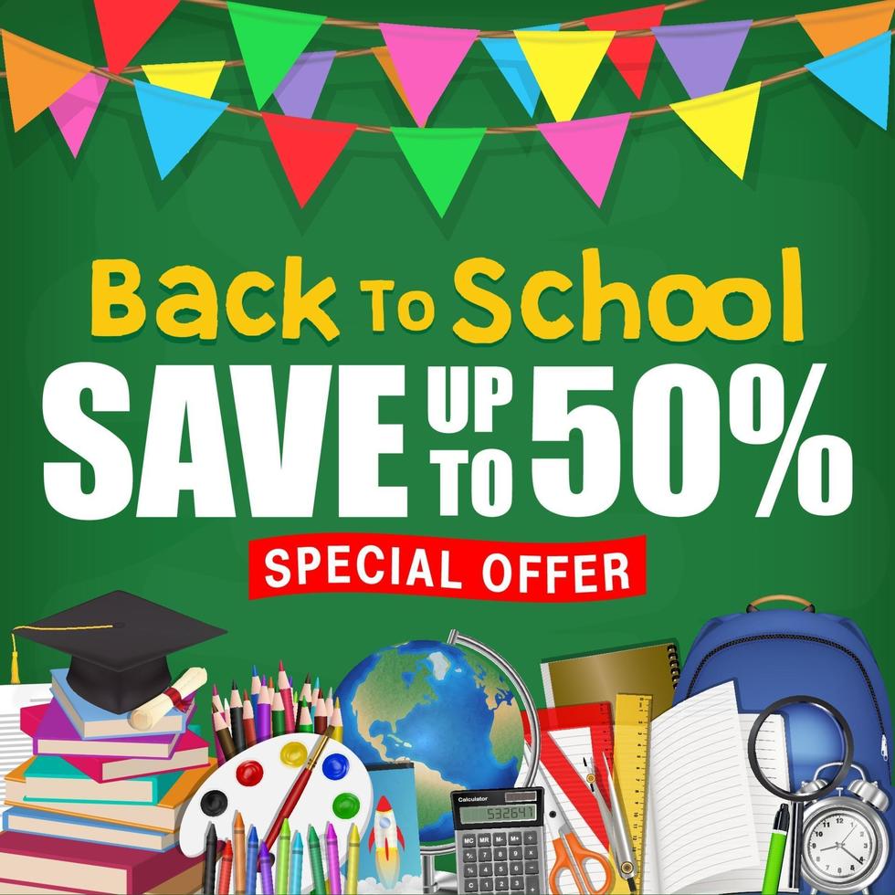 back to school sale poster with student items vector