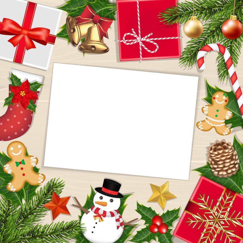 white paper on wood board with christmas objects vector