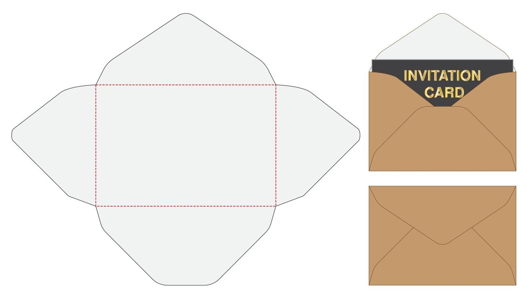 Diseño de plantilla troquelada de embalaje de sobres de invitación. Maqueta 3d vector