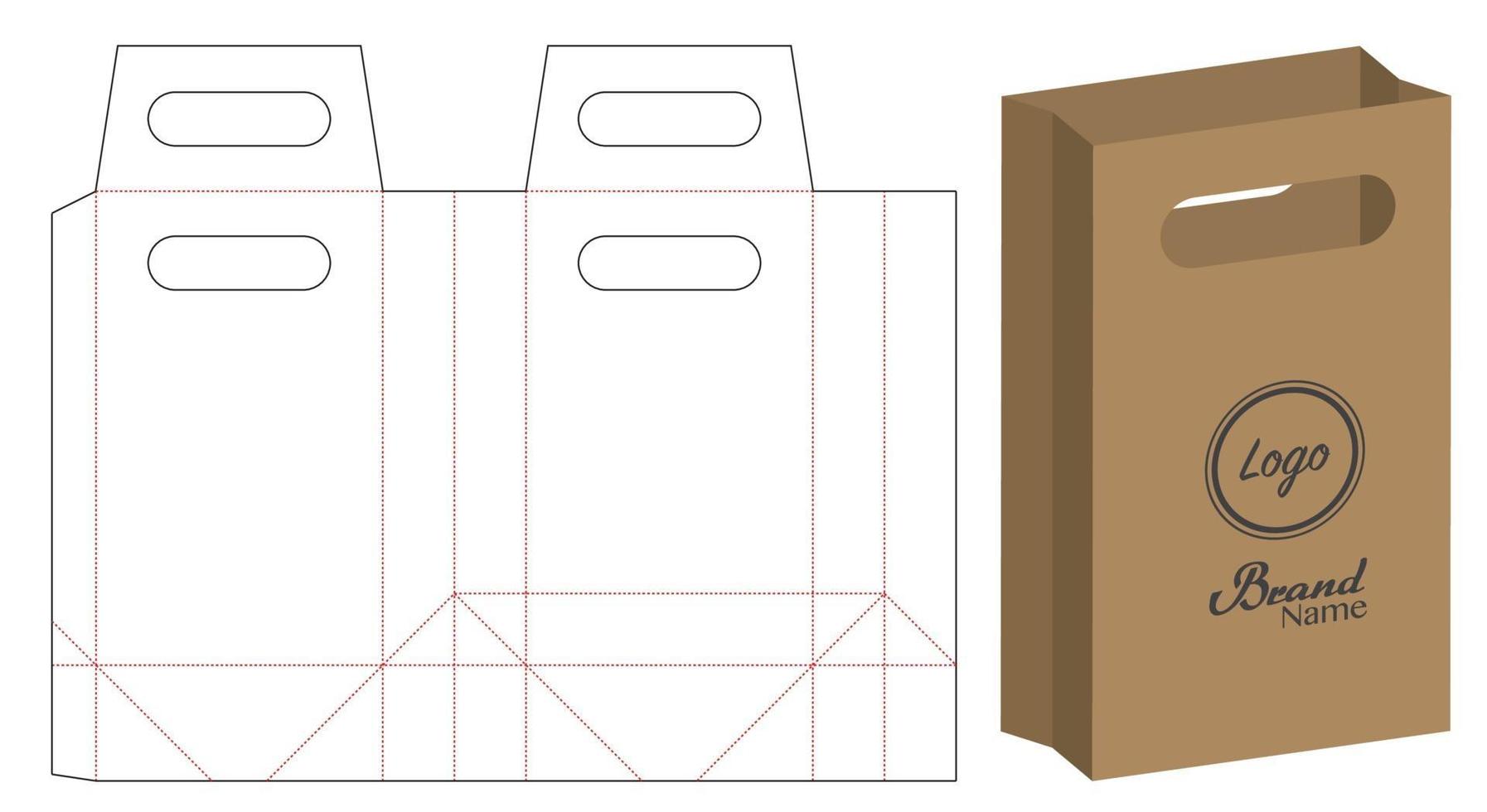 Diseño de plantilla troquelada de embalaje de bolsa de papel. Maqueta 3d vector