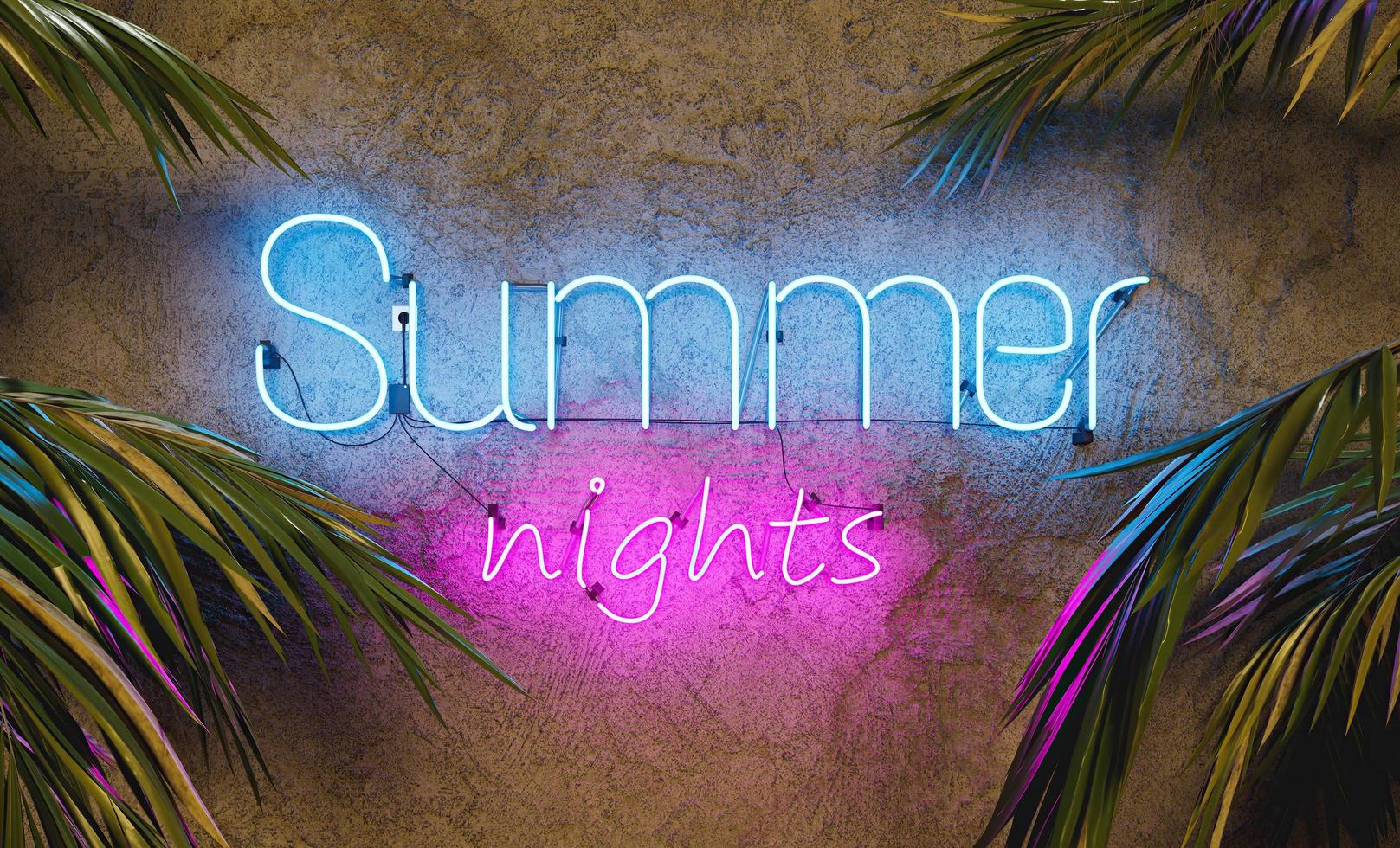 Neon sign on cement wall with the word SUMMER NIGHTS and palm leaves on the sides. 3d rendering photo