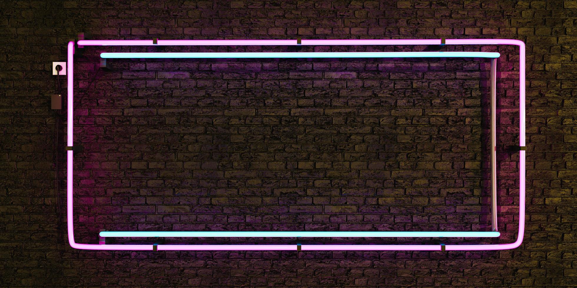 Pink and blue realistic neon lamp empty frame on brick wall photo