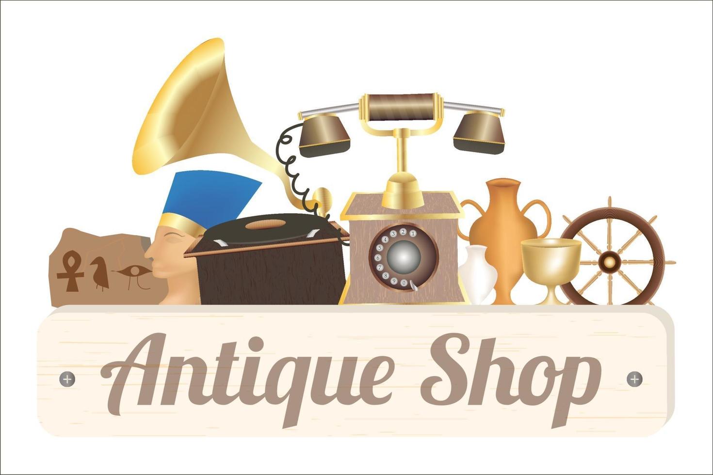 antique shop wood board with antique objects vector