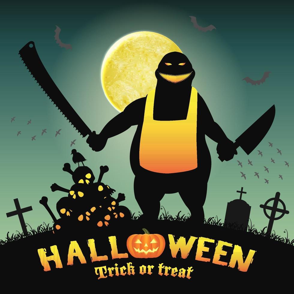 halloween butcher monster in a night graveyard vector