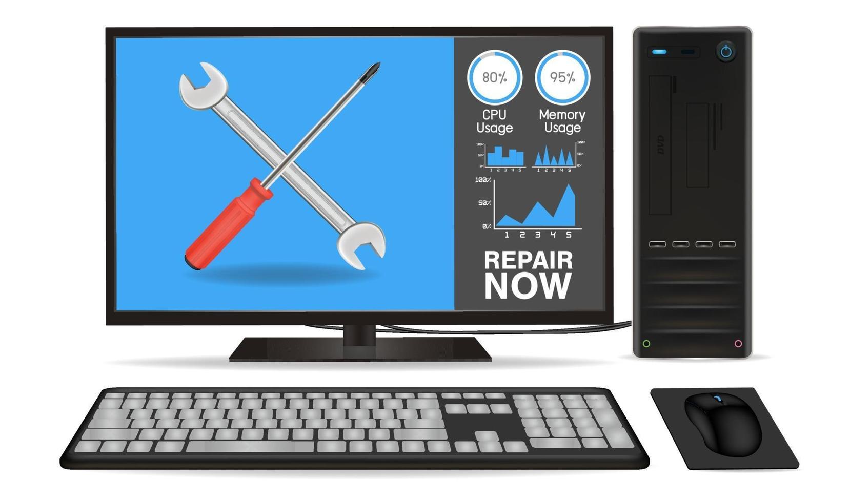 desktop computer with repair application vector