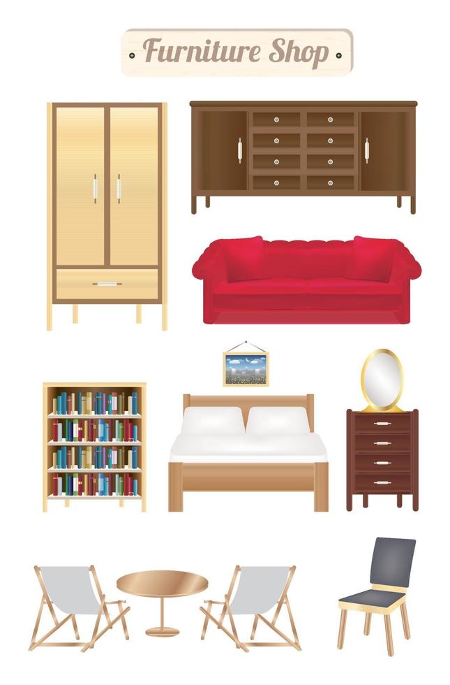 furniture shop wood board with sofa, bookcase, desk, chair, wardrobe and bed vector