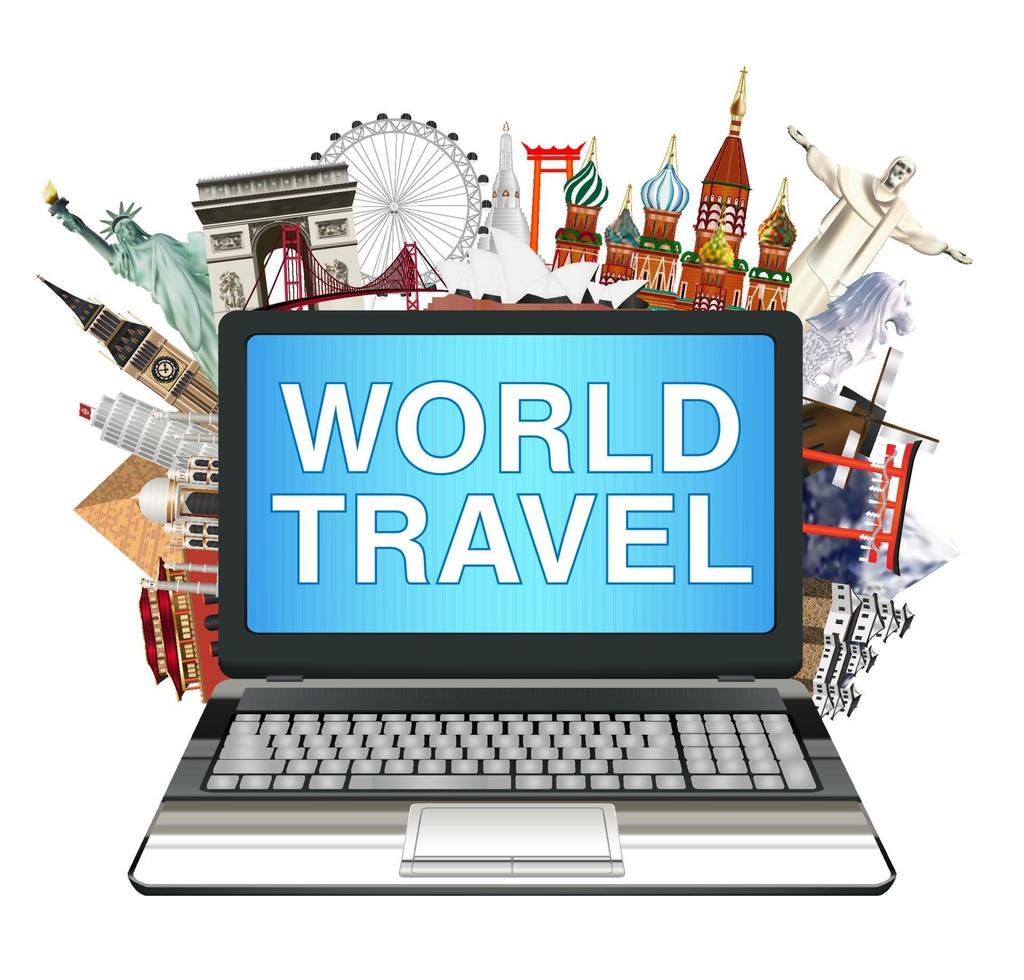 Portátil con puntos de referencia de viajes mundiales sobre fondo blanco. vector