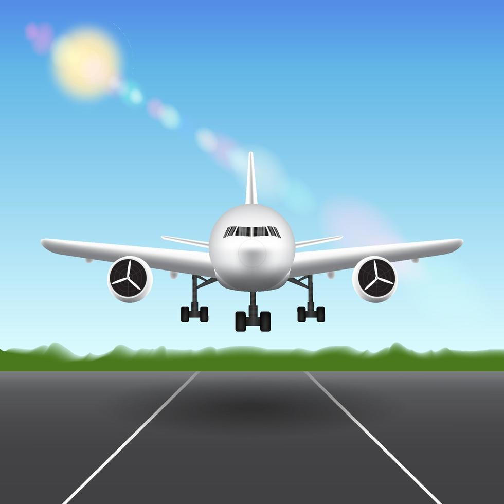 airplane landing on airport runway on sky background vector