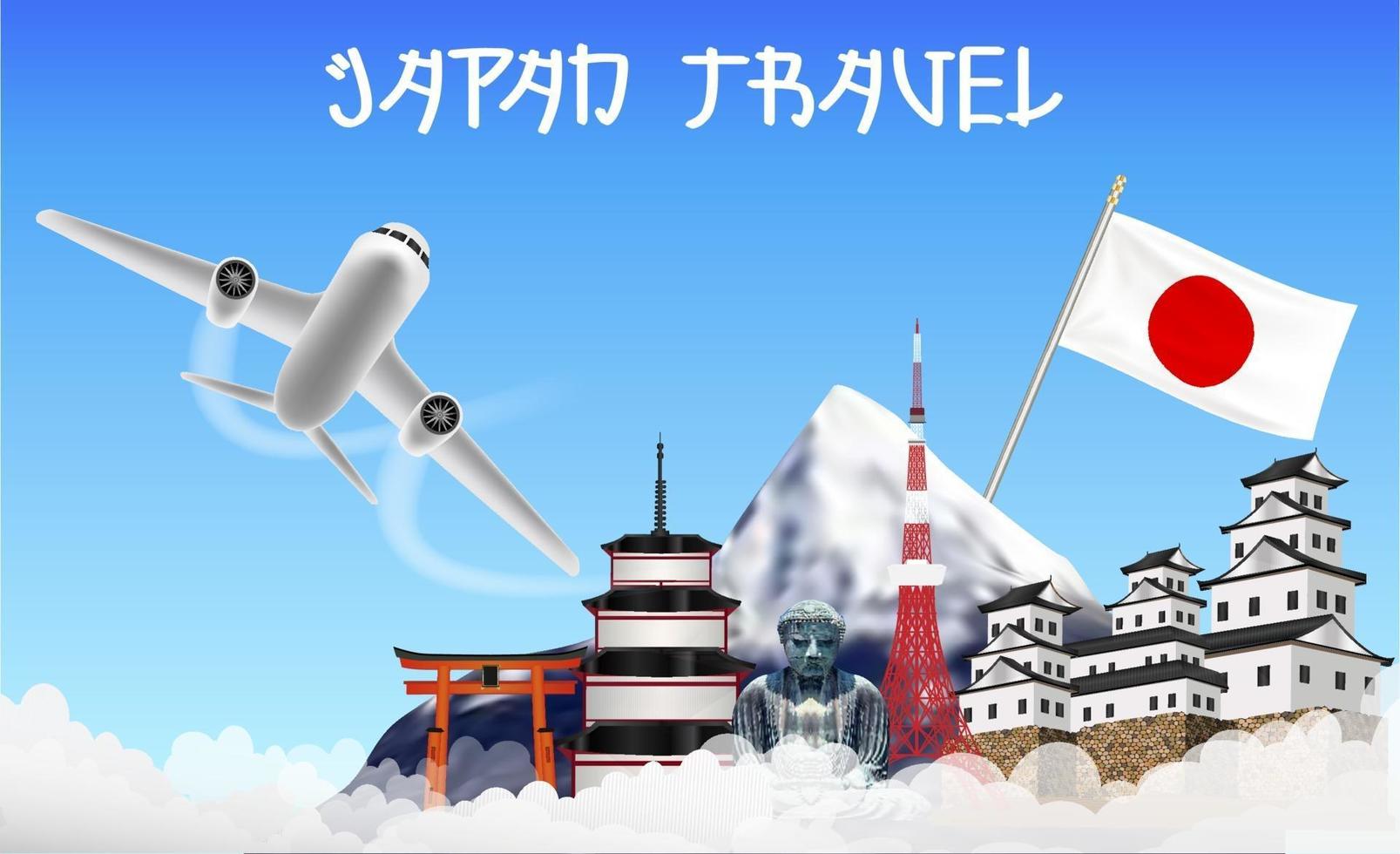 japan travel with airplane and landmarks vector