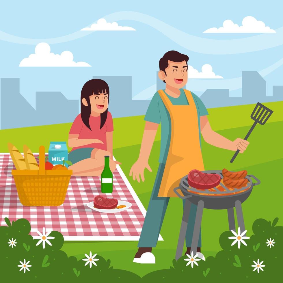 Happy Couple Having Picnic in Park vector