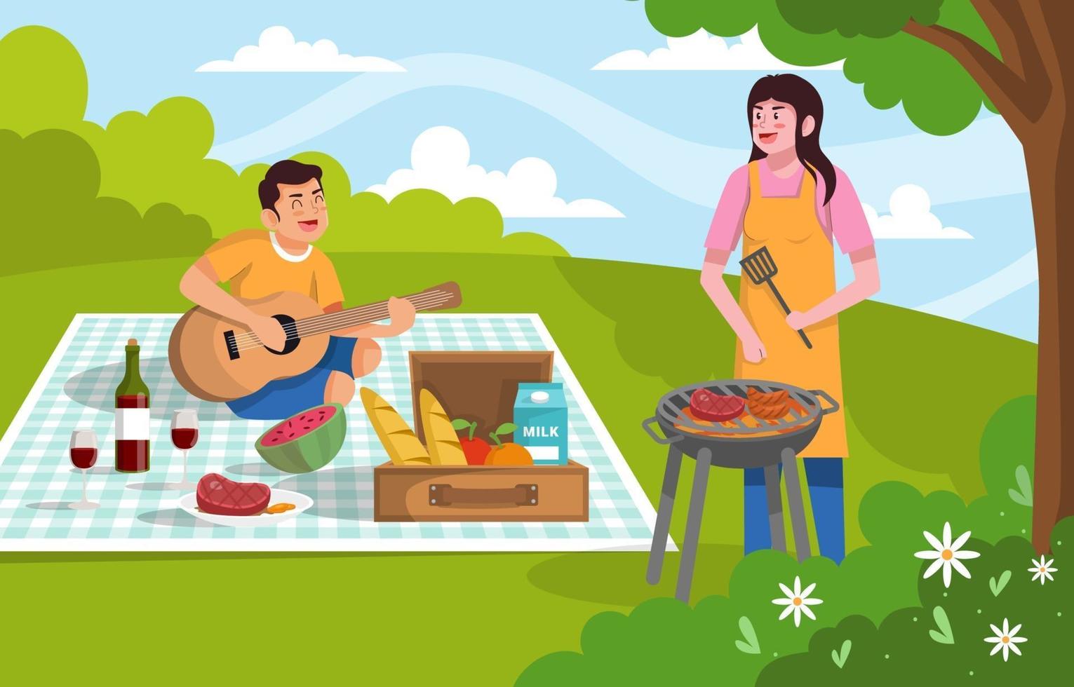 Happy Couple Having Picnic in Park vector