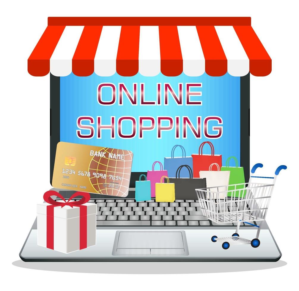 portátil con tienda de marketing online vector