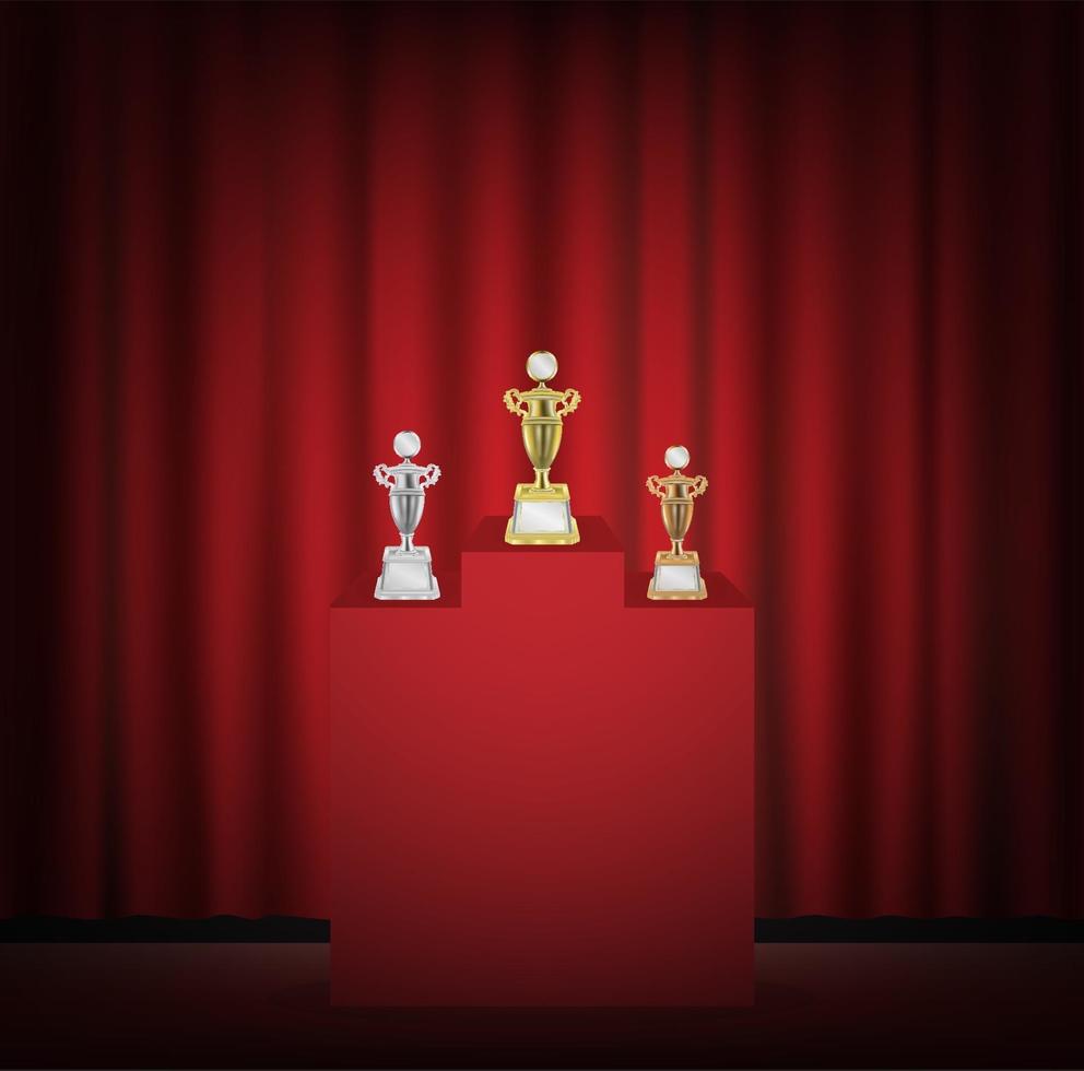 Gold, silver and bronze trophies on a stage with red curtain background vector