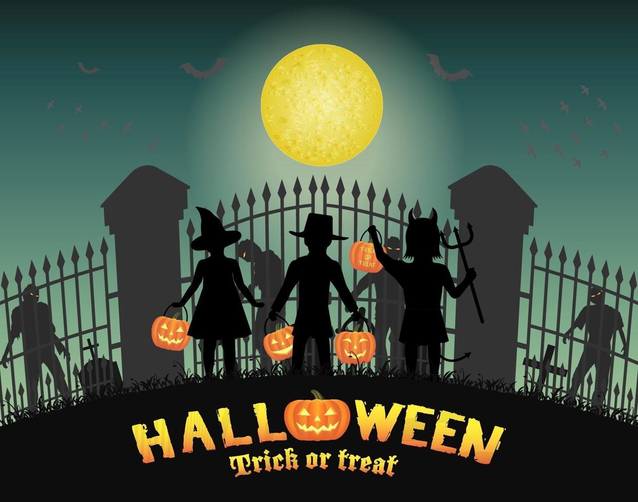 halloween kids in front of zombie in cemetery gate vector