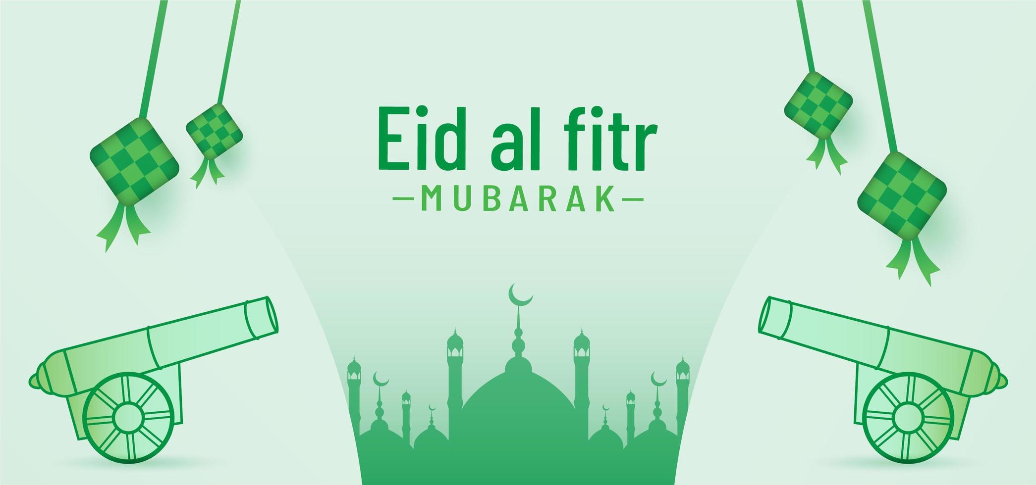 Eid al fitr banner background with cannon and mosque vector