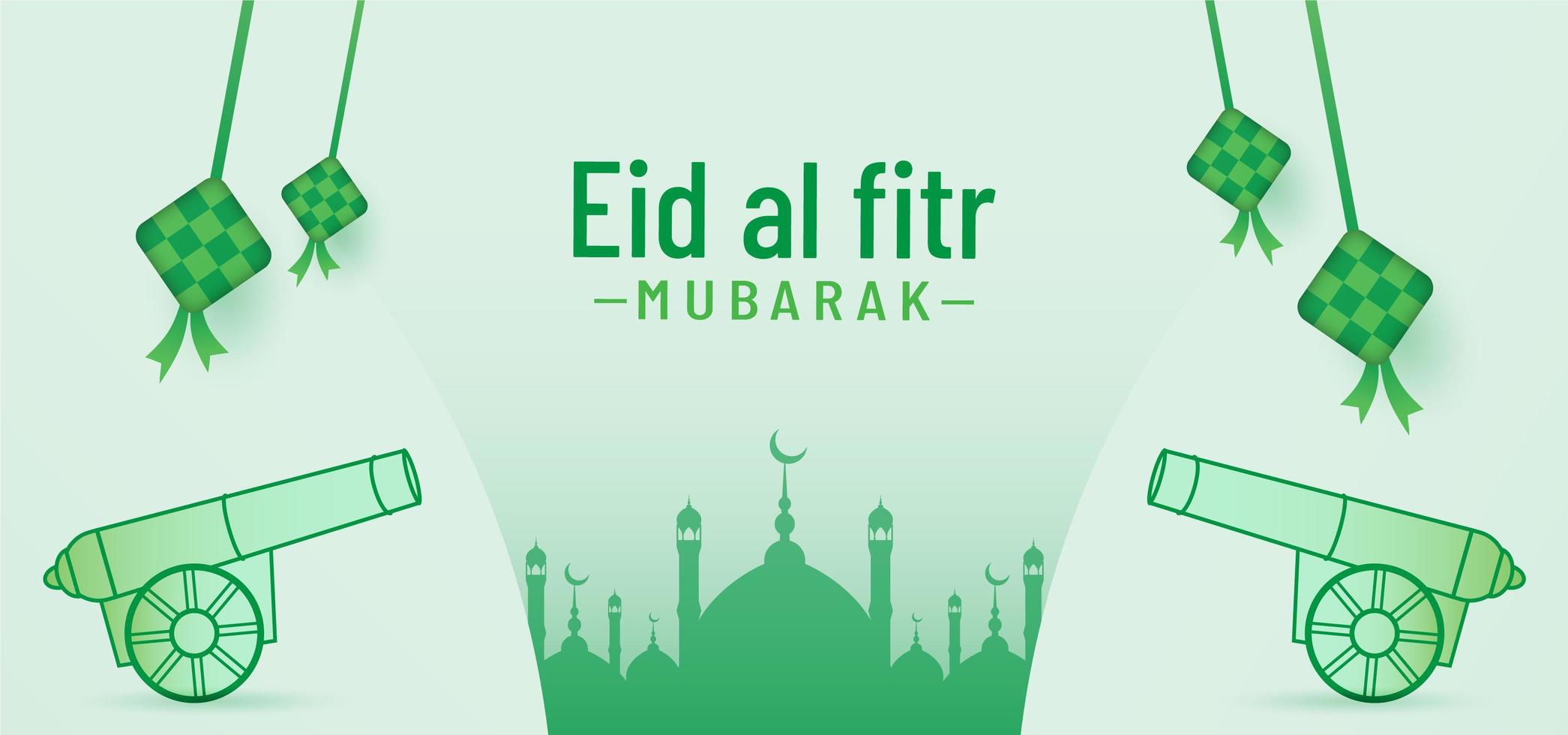 Fondo de banner de eid al fitr con cañón y mezquita vector