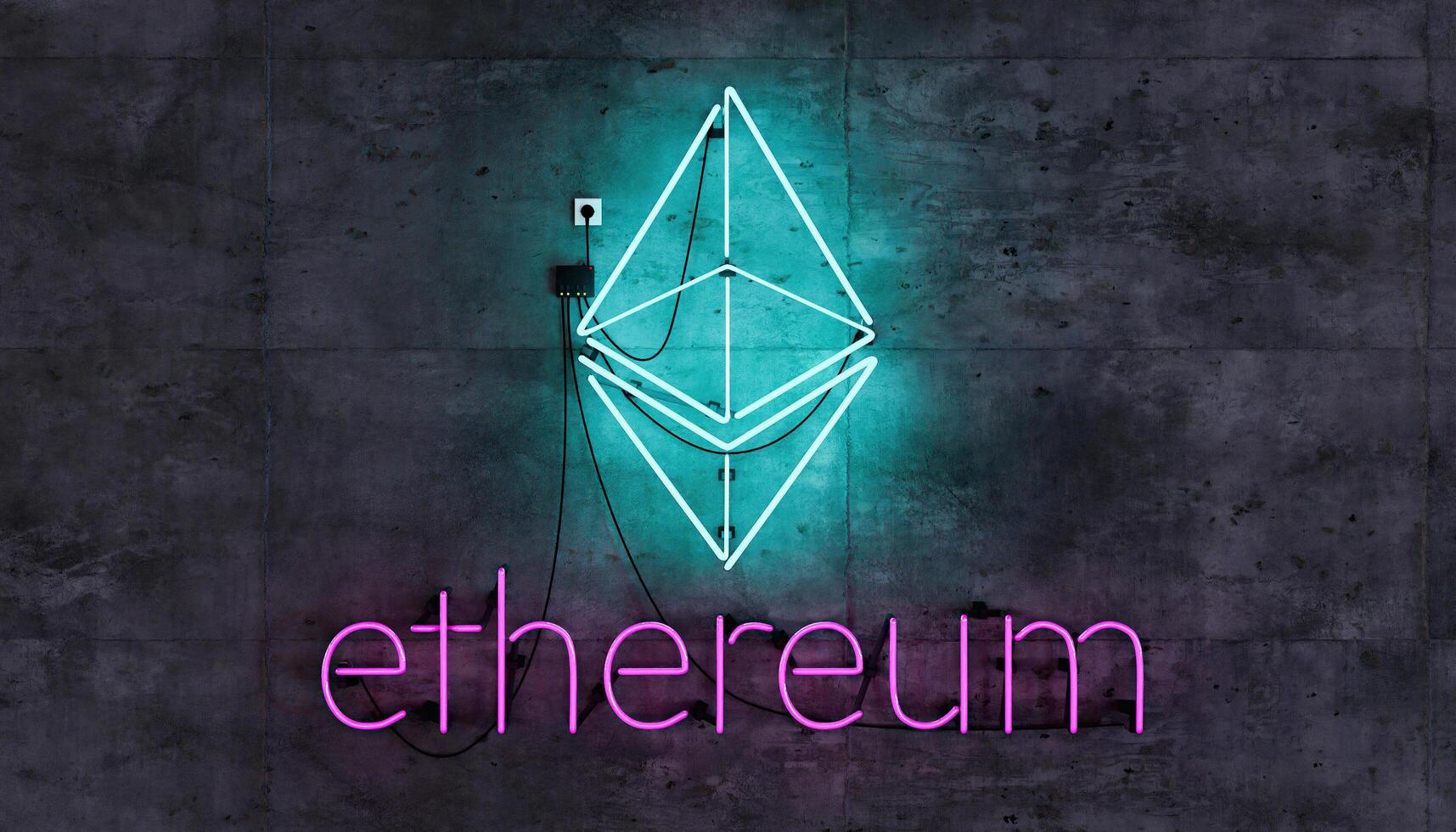 Ethereum symbol on neon lamp on concrete wall photo