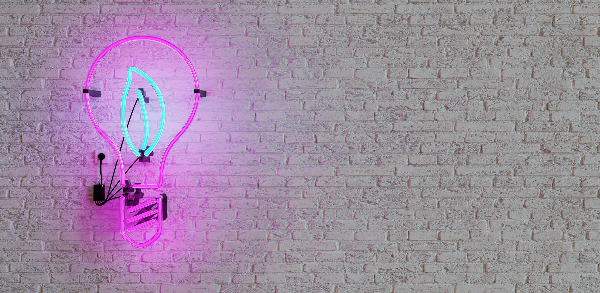 Neon with bulb shape and leaf inside. Copy space photo