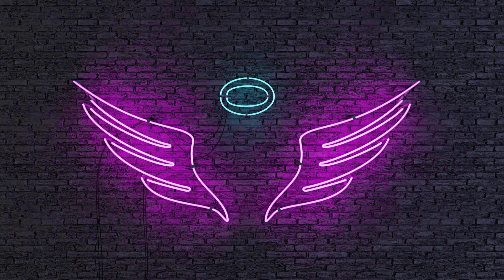 Neon lamp with angel shape on brick wall photo