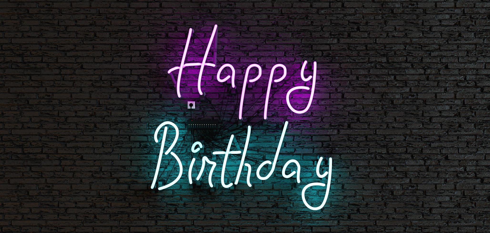 letrero de neón con la frase feliz cumpleaños sobre un fondo oscuro foto