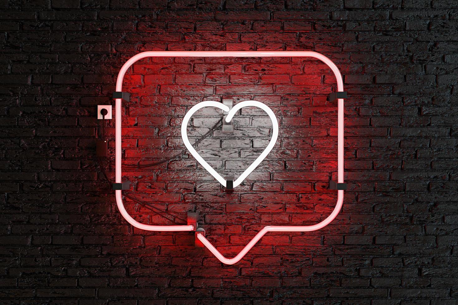Red neon notification frame with heart inside on brick wall photo