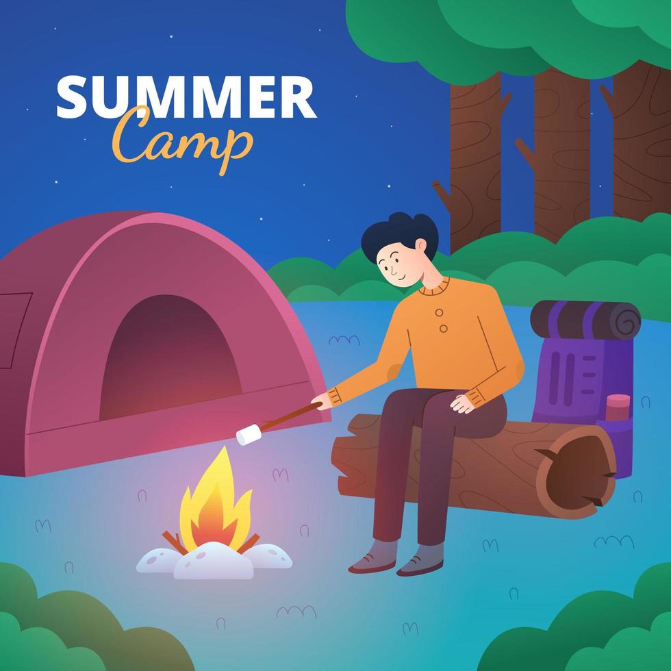 Summer Camp with Man Sitting Near Bonfire vector