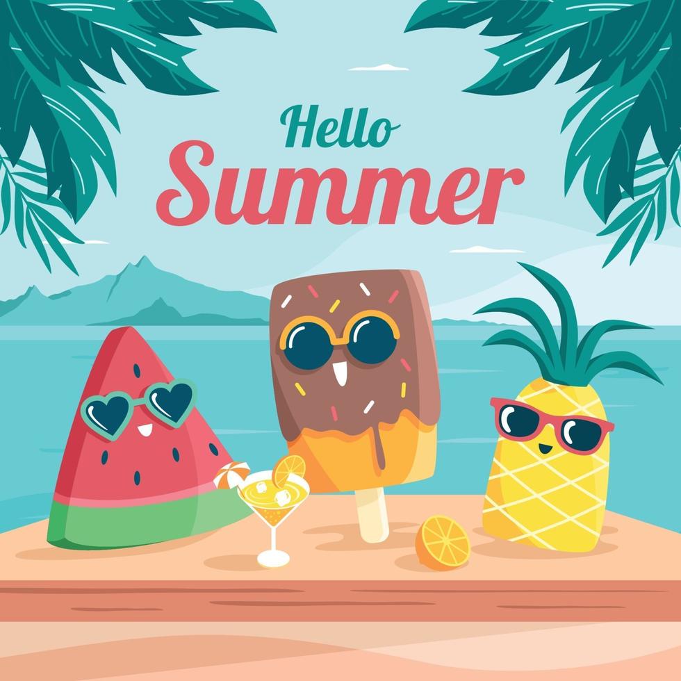 hola verano con lindos personajes de comida vector