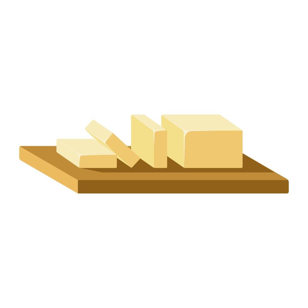 Bloque de mantequilla en rodajas sobre tabla de cortar de madera icono aislado sobre fondo blanco. vector