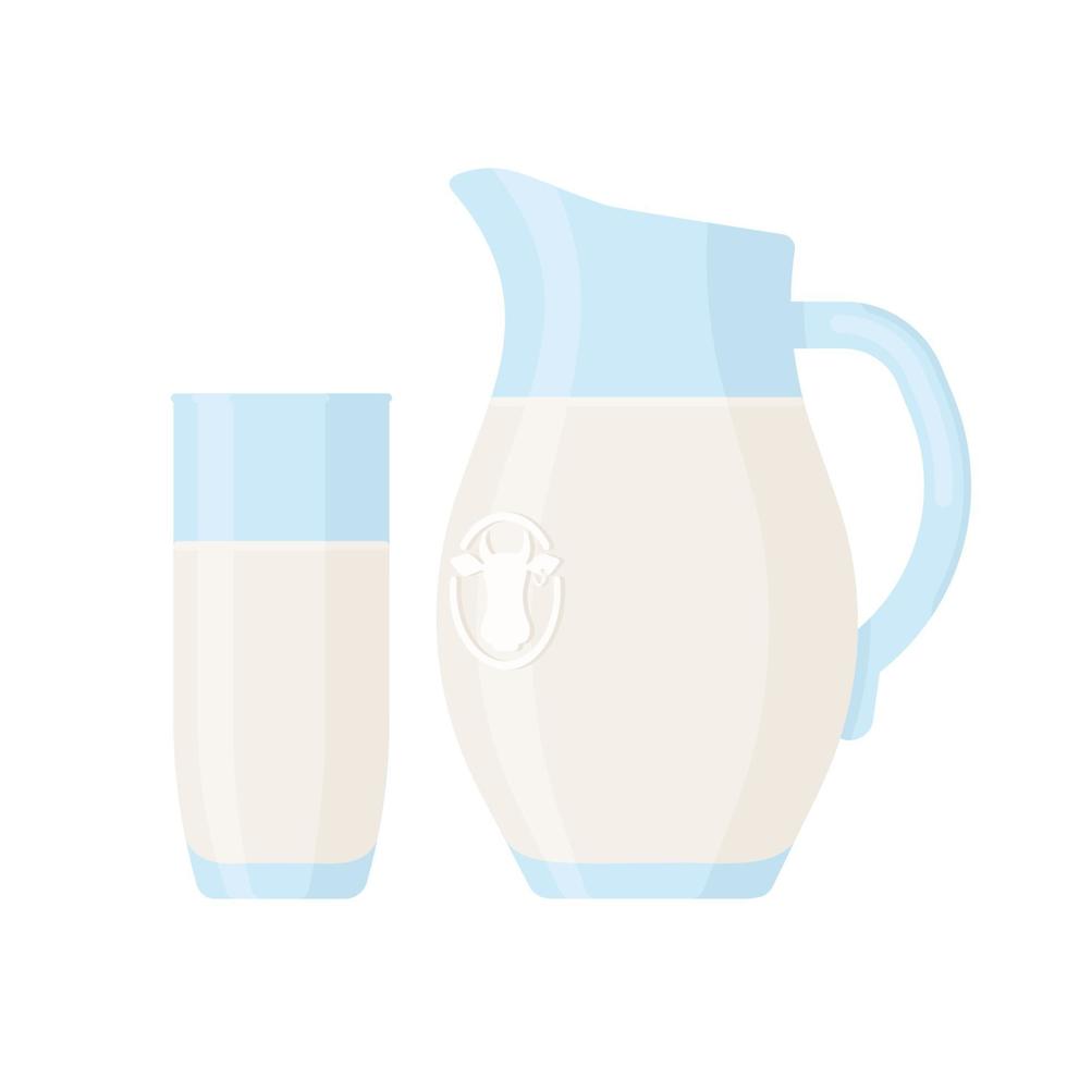 Vaso de estilo plano y jarra de leche icono aislado sobre fondo blanco. vector