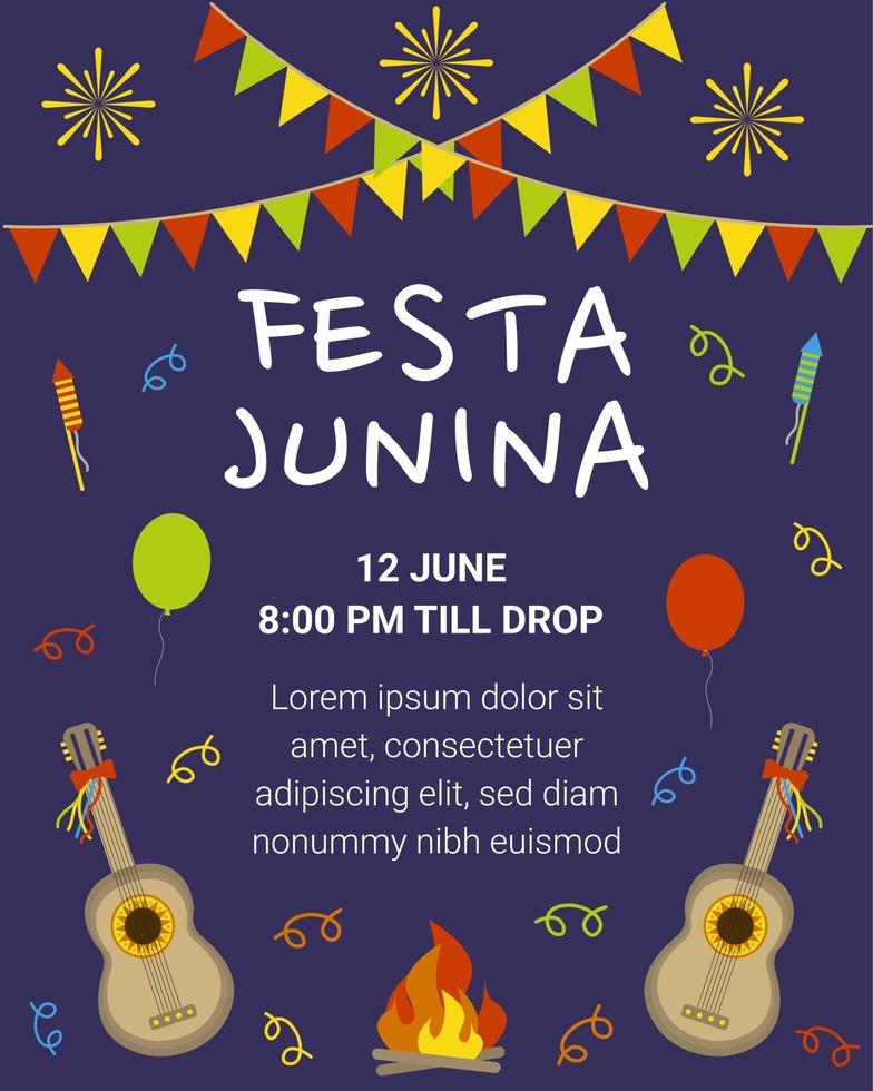 Banner or poster for Festa Junina village festival in Brazil. Vector flat illustration.
